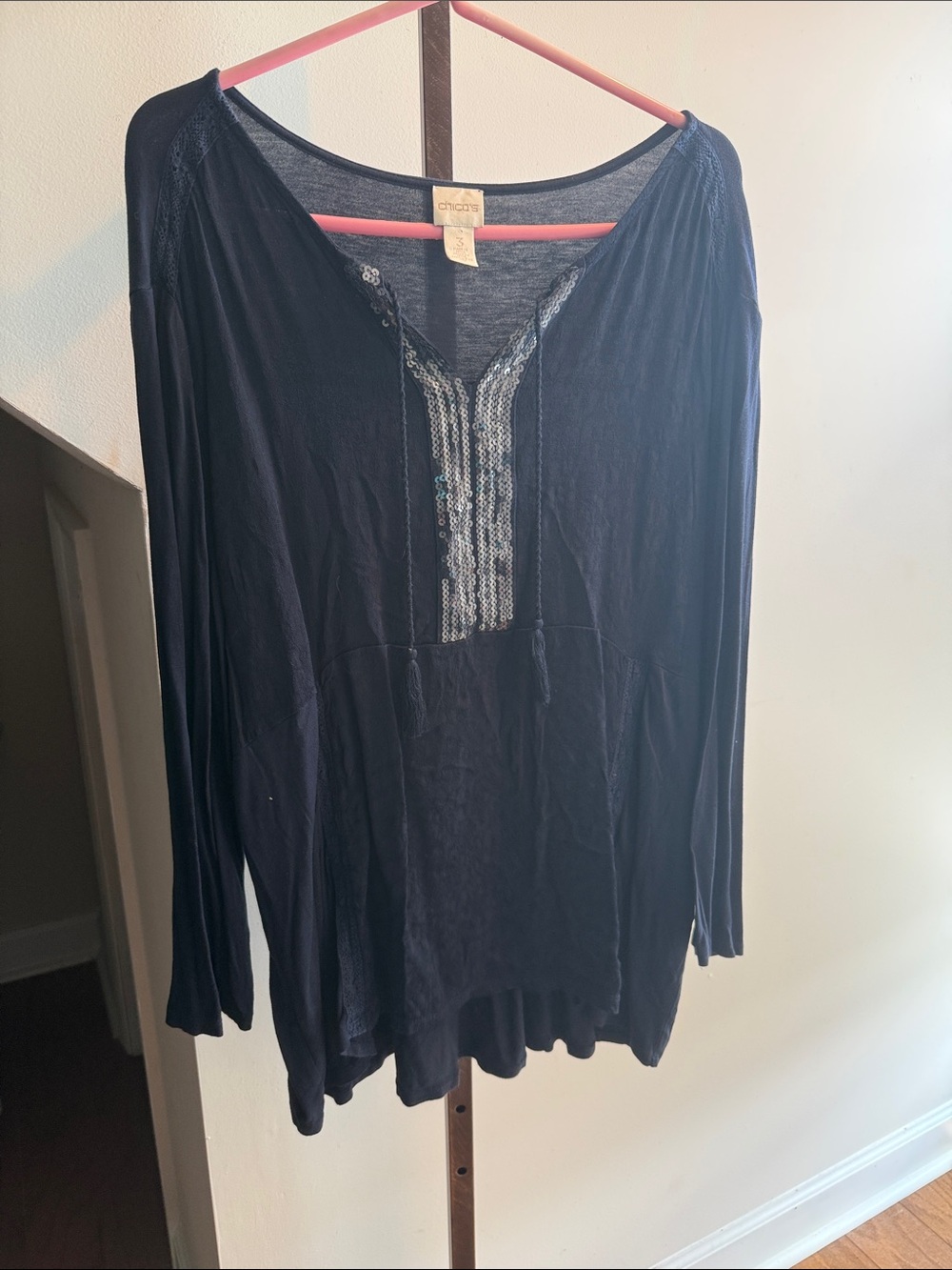 Chico’s Women’s Navy Long-Sleeve Scoop Neck Top with Embellished Placket